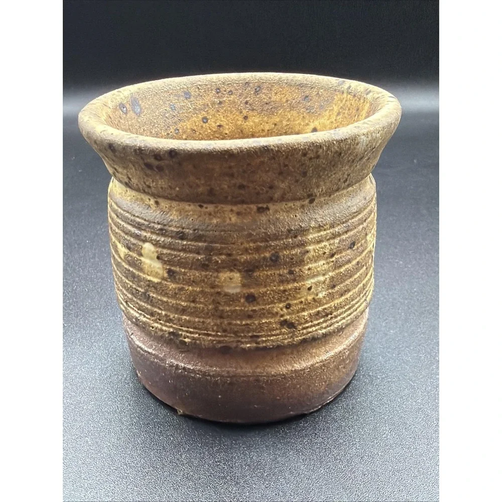 VTG Studio Pottery Small Vase Crock Brown Speckled Stoneware Rustic 3 1/2 In